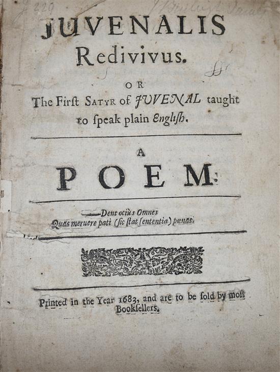 Juvenalis Redivivus, A Poem, 1683 (first edition of Thomas Wood trans), later half red morocco and marbled boards